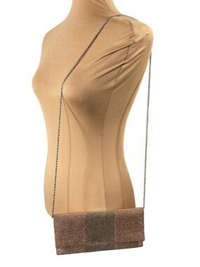 Nina Beaded Purse Bag Cocktail Tan Rose Gold Chain Pink 9.25" X 4.5" Evening Bag